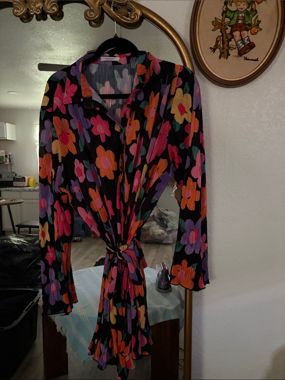 Black Floral Button-Up Shirt Dress with Tie Front